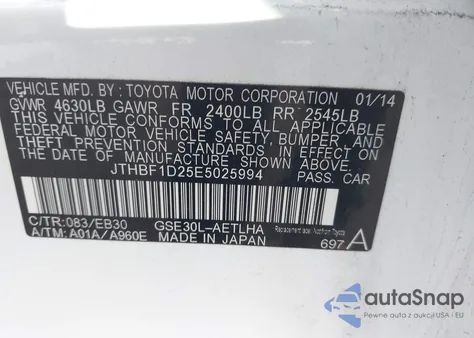 2014 Lexus Is 250 из США, поврежденный, VIN JTHBF1D25E5025994